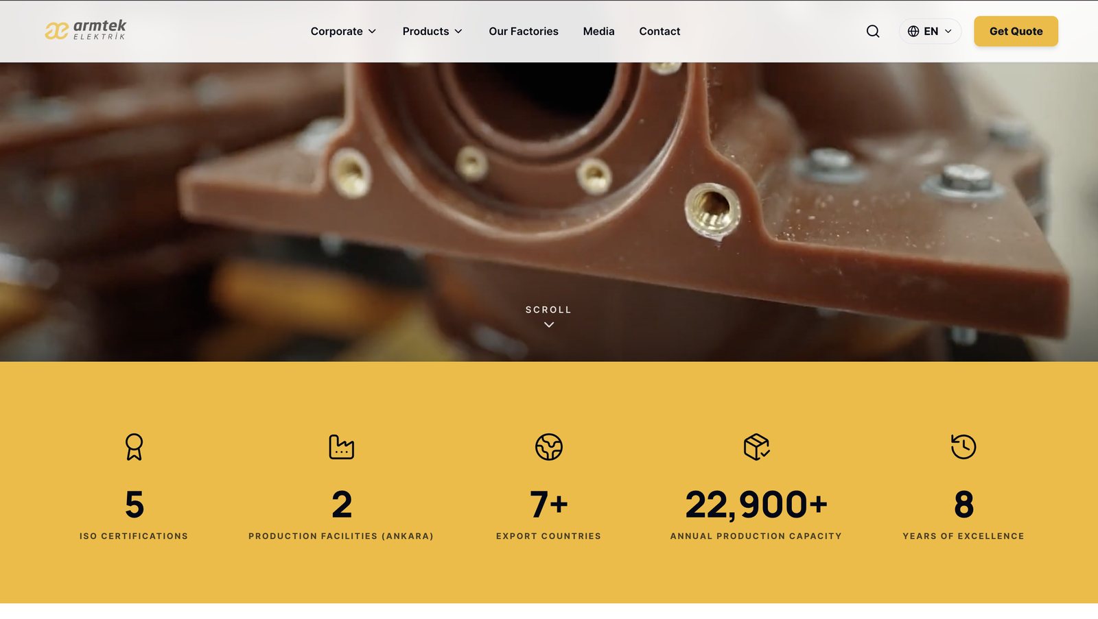 Armtek Elektrik homepage with multilingual navigation, search and a Get Quote action